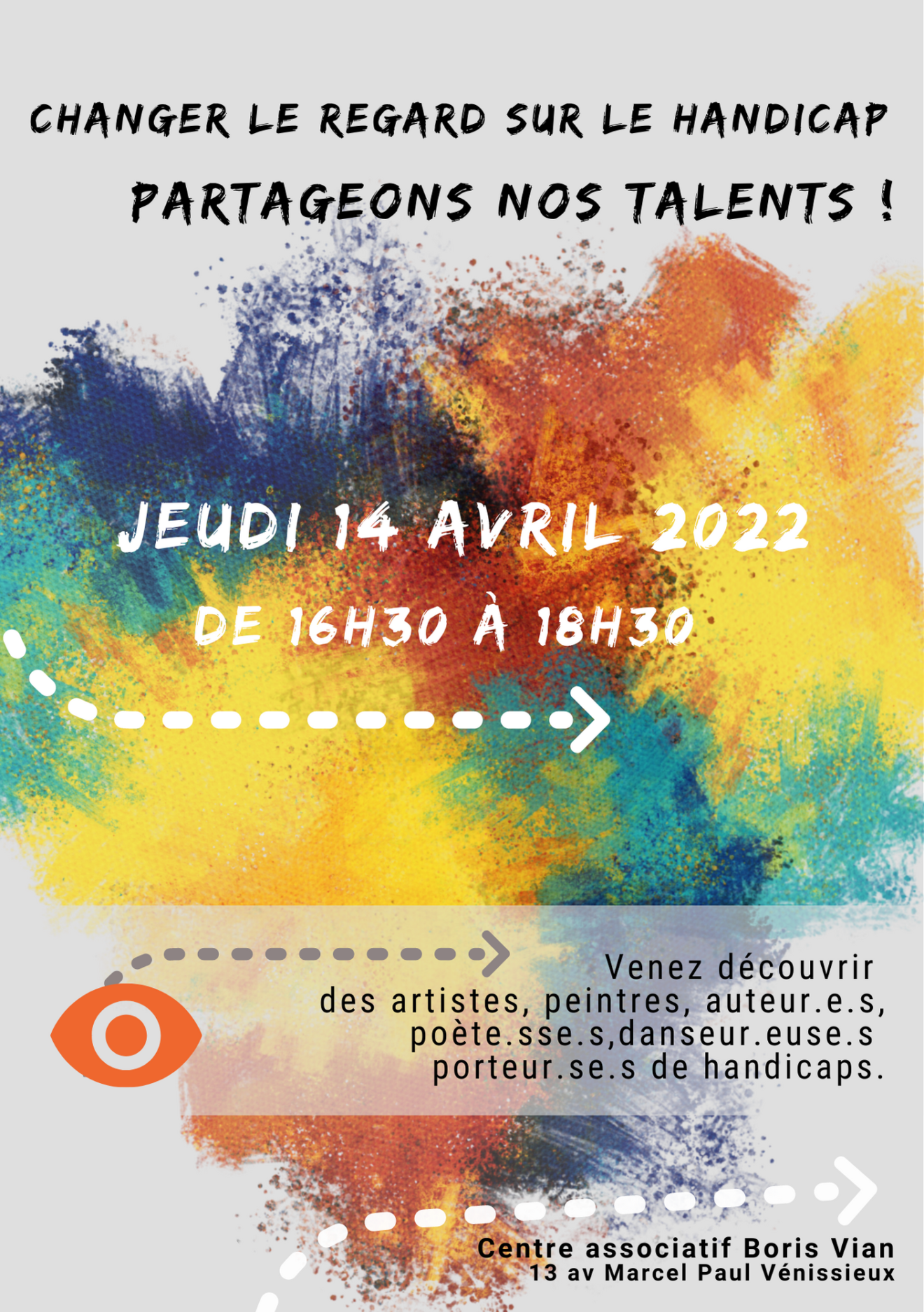 affiche de l'évènement. Fonds gris, tâches peinture couleurs jaune, orange, vert, bleu. Texte en haut titre de l'évènement "Changer le regard" Partageons nos talents. La date l'heure Jeudi 14 avril 2022 de 16h30 à 18h30. Un encadré avec l'oeil de "changer le regard" décrivant succinctement le contenu de l'évènement : Venez découvrir des artistes, peintres, auteur.e.s, poète.sse.s,danseur.euse.s porteur.se.s de handicaps. En bas de page le lieu de l'évènement, centre associatif boris vian